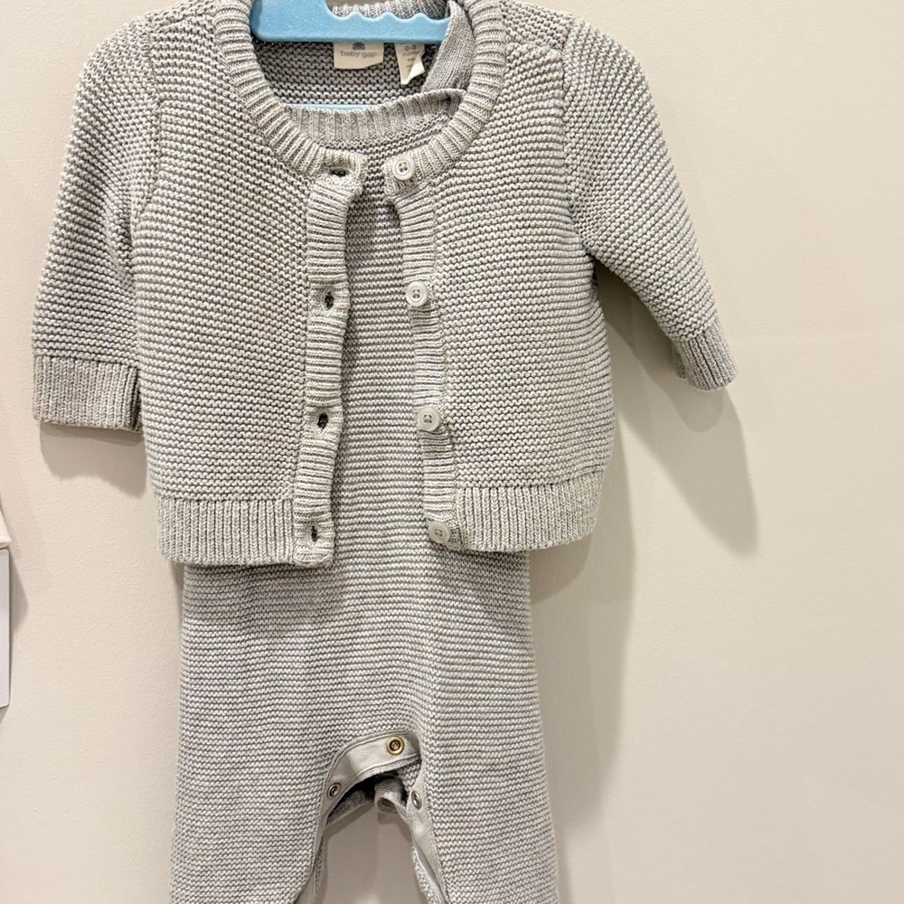 Gray Knit Baby Cardigan and Overalls Set